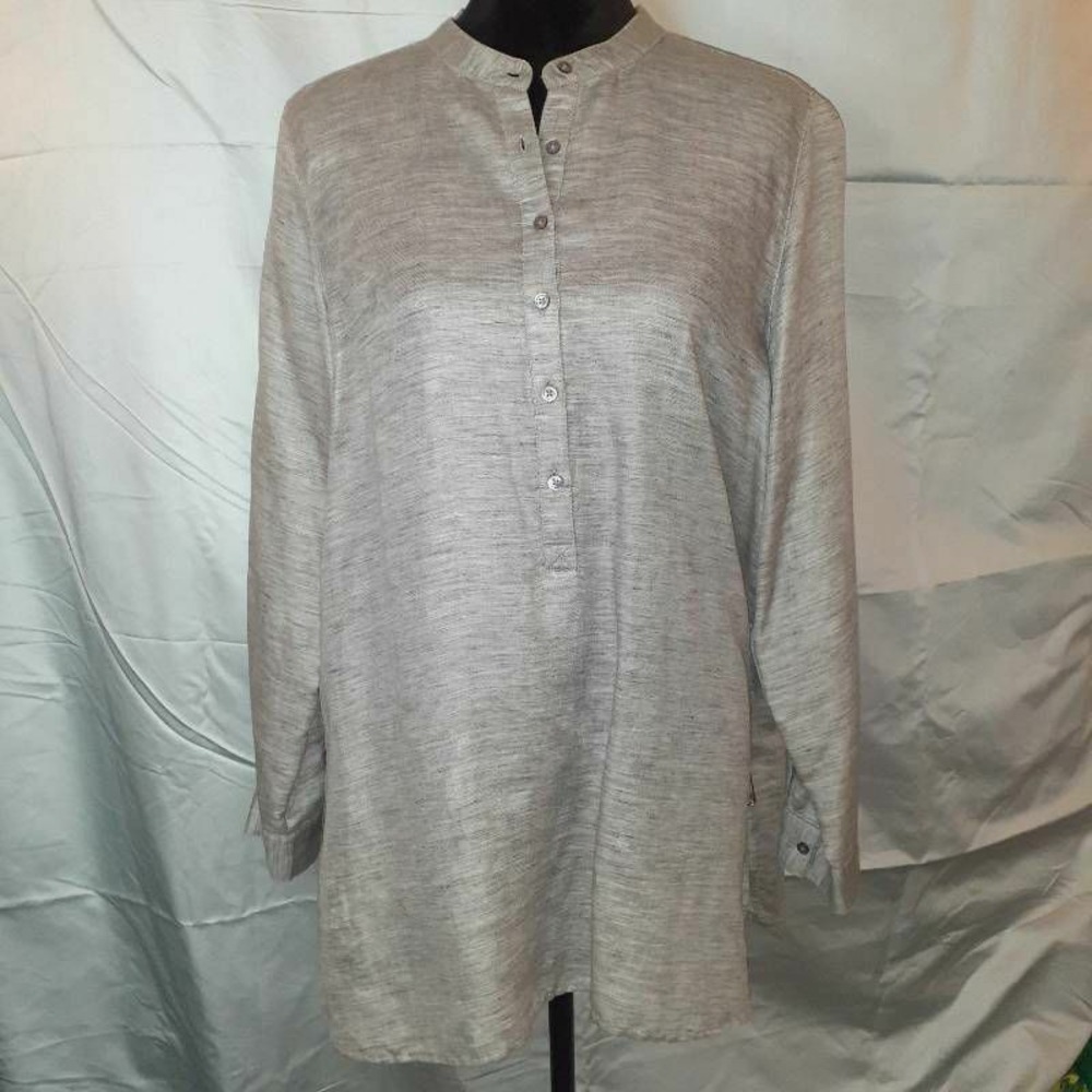 J Jill Womens Med Popover Tunic Shirt Gray‎ Heather L-Sleeve Band Collar Buttons